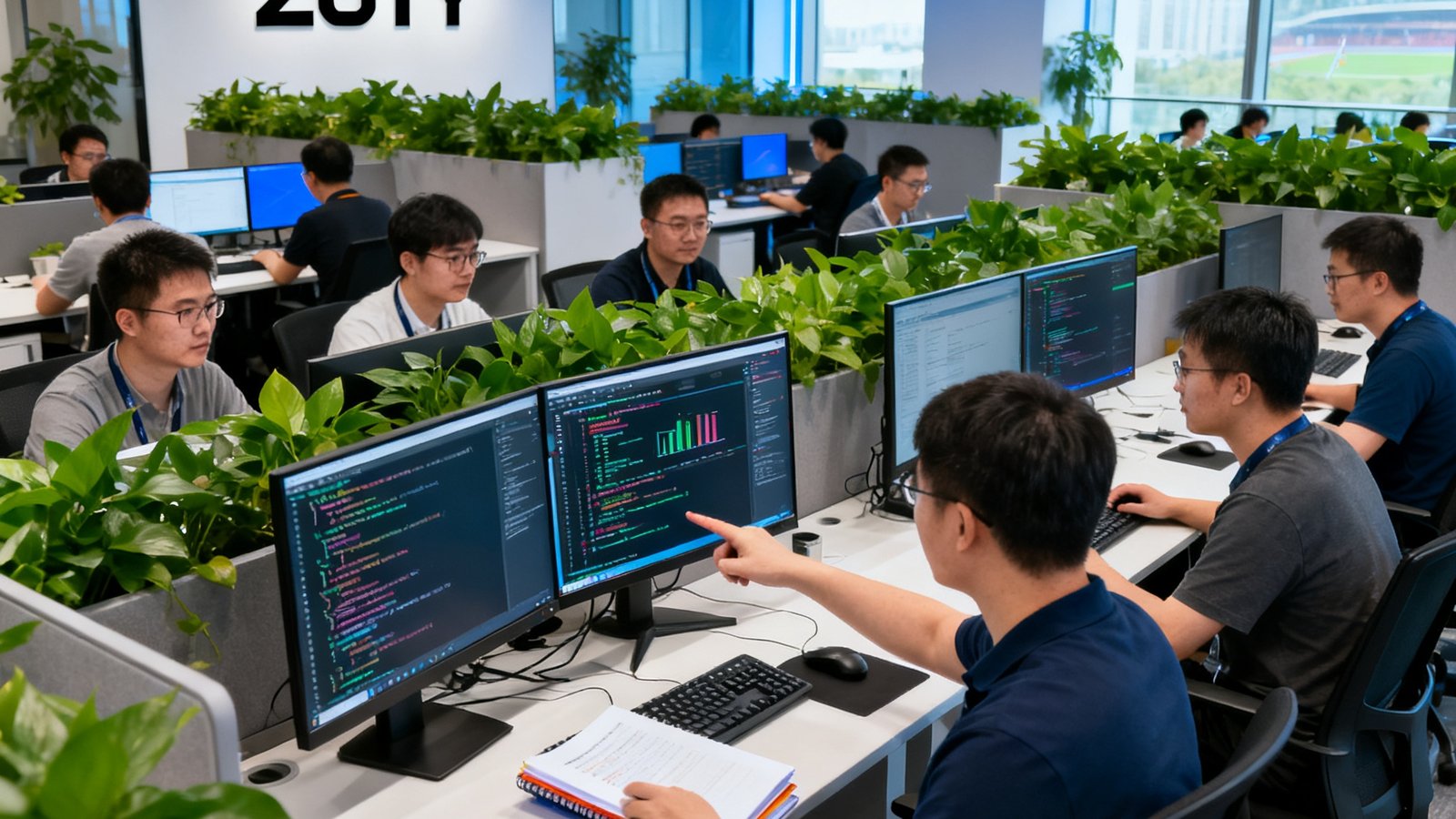 zoty中欧体育科技上海总部现代化开放式办公空间，数十位工程师在双屏工作站前协作开发新一代AI体育算法的真实工作场景