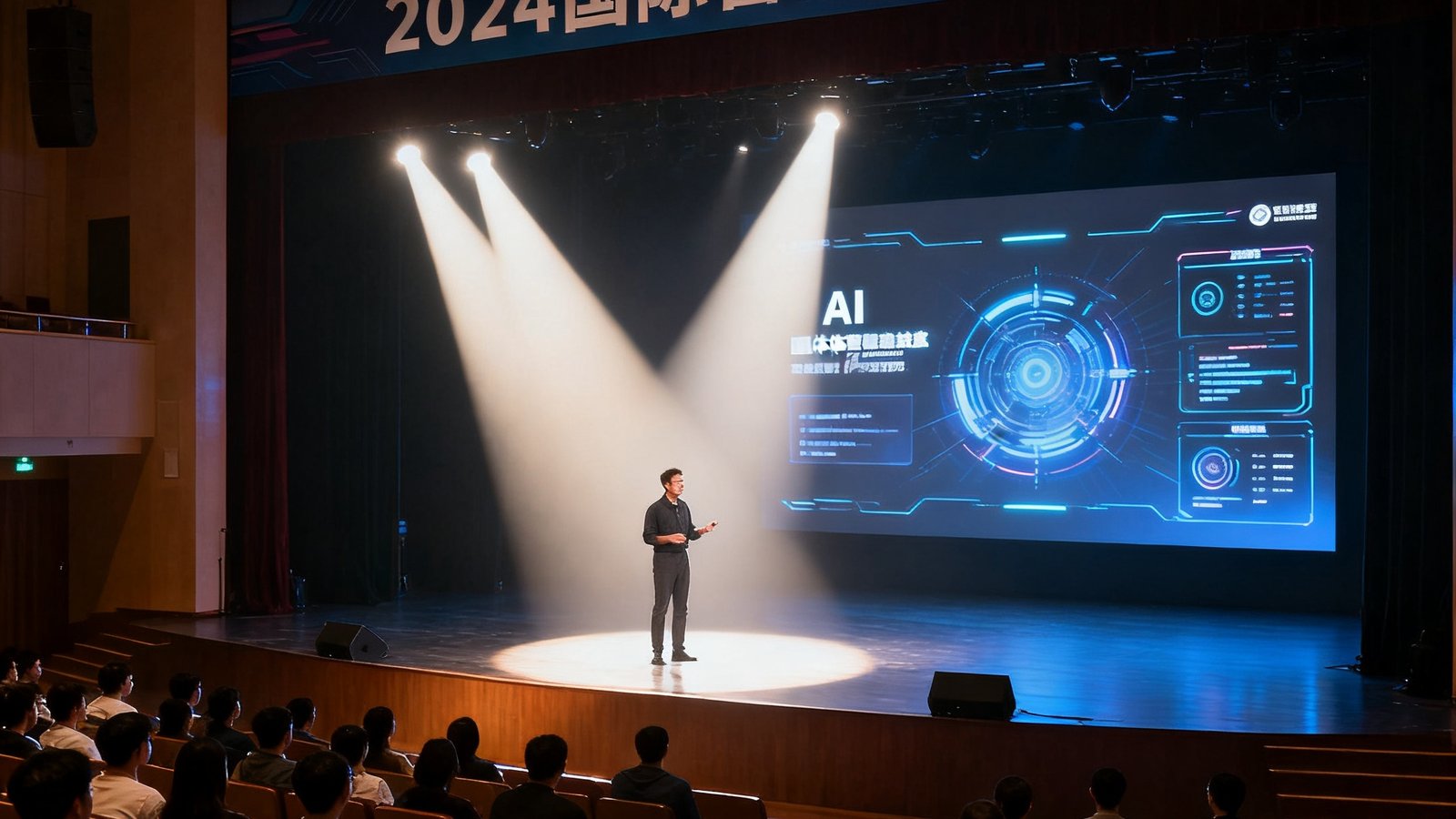 2024年国际智能体育大会上演讲者在聚光灯下向数百名观众展示AI体育技术的最新突破成果