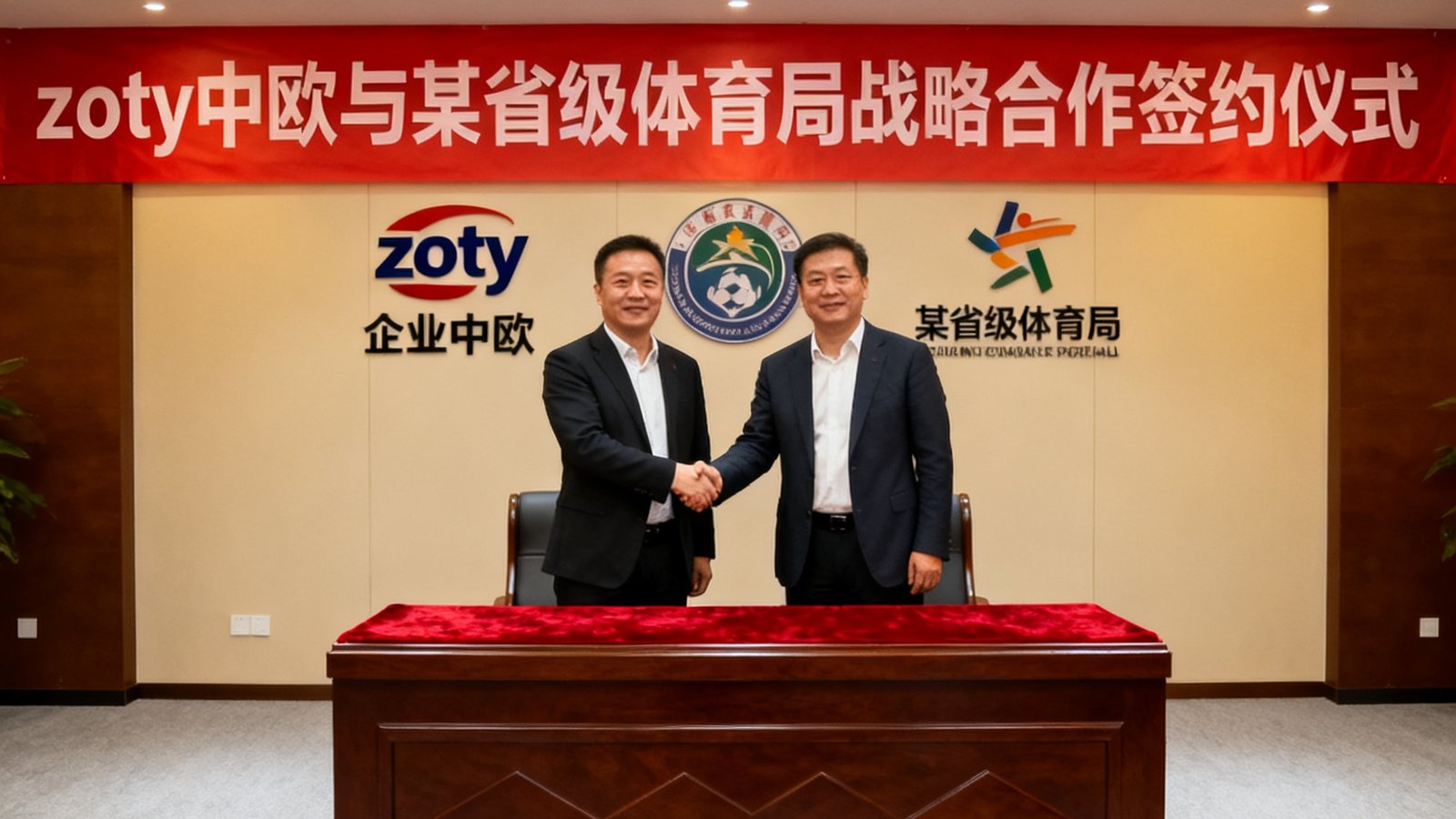 zoty中欧与某省级体育局签约仪式的现场照片，双方代表在签约台前握手合影