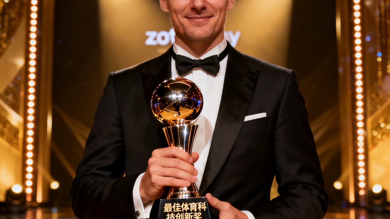 zoty中欧代表在颁奖典礼上接过'最佳体育科技创新奖'奖杯，舞台灯光璀璨