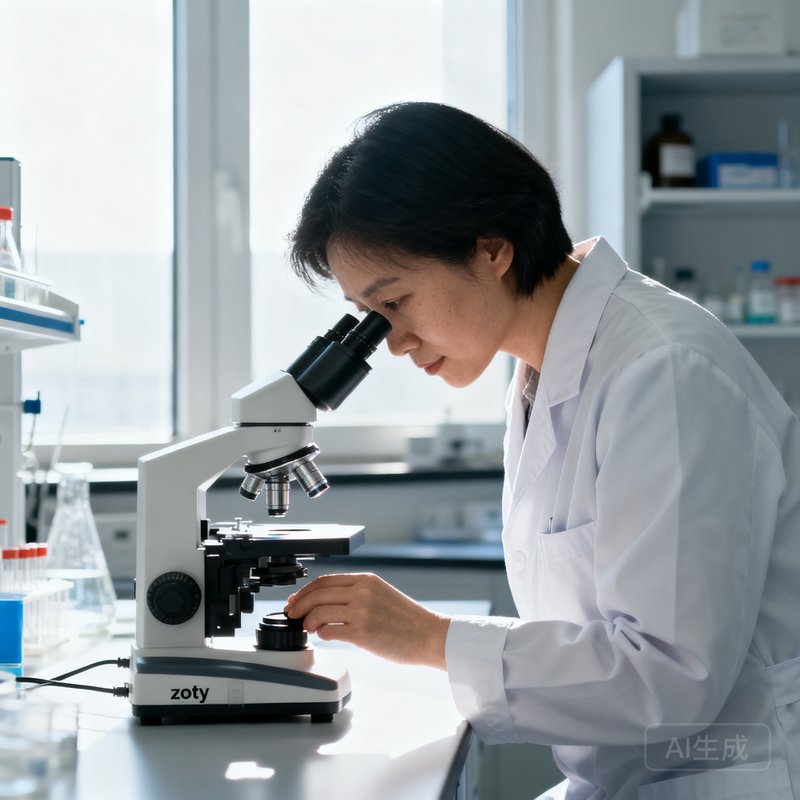 zoty中欧首席科学官Emily Chen博士在实验室中对着显微镜工作的专注侧影