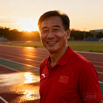 浙江省田径队资深教练王建国在训练场边微笑着面对镜头，身穿红色队服，背景是傍晚的田径跑道
