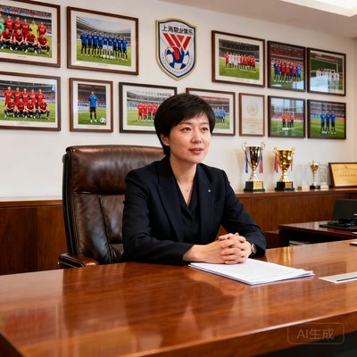 上海某职业足球俱乐部总经理李慧在办公室内，身着职业装，背后展示着球队历史照片墙