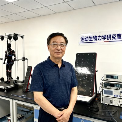 北京体育大学运动科学系陈明华教授在实验室中，佩戴眼镜，身后摆放着各种运动生物力学研究设备